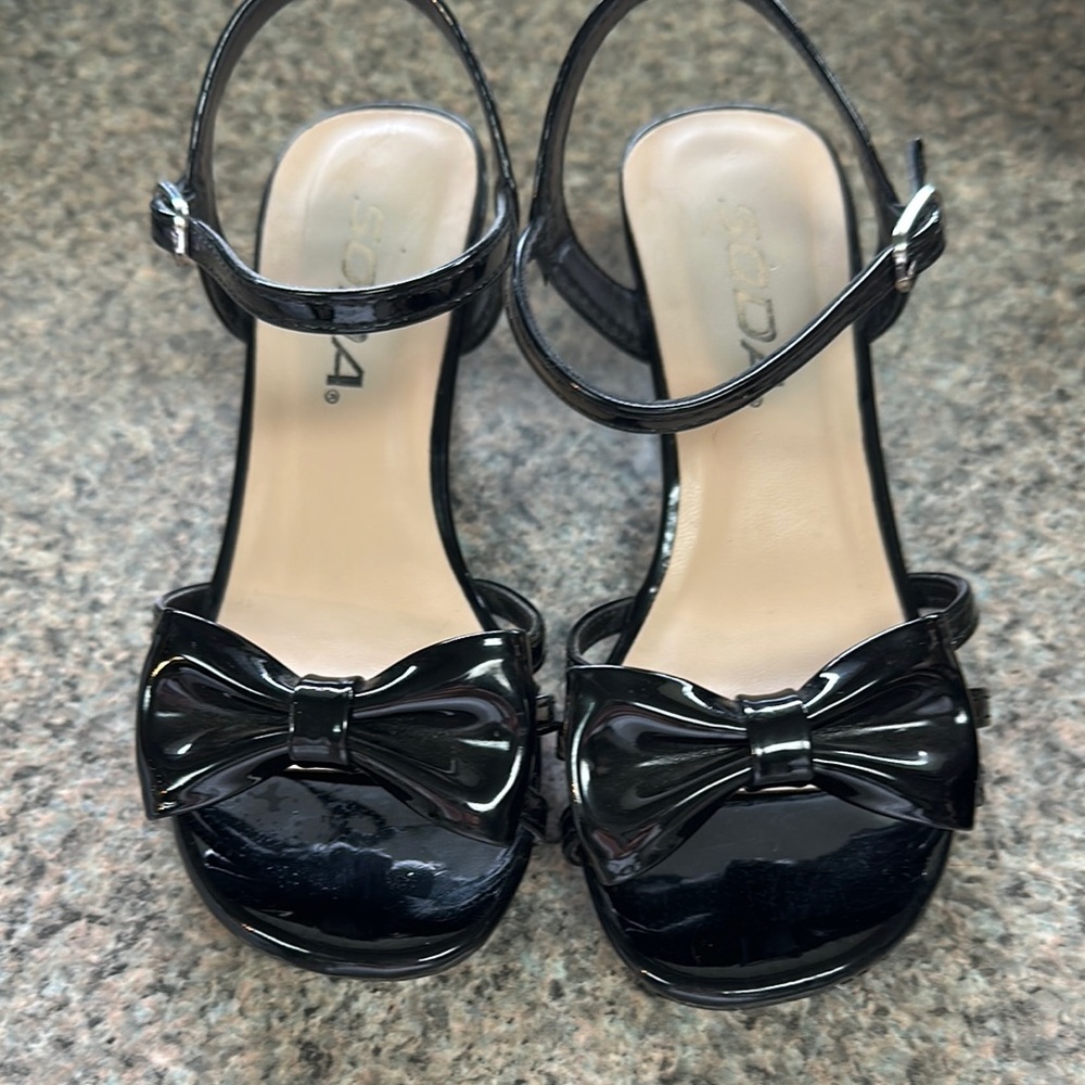 Girls Black Heels with Bow and Ankle Strap